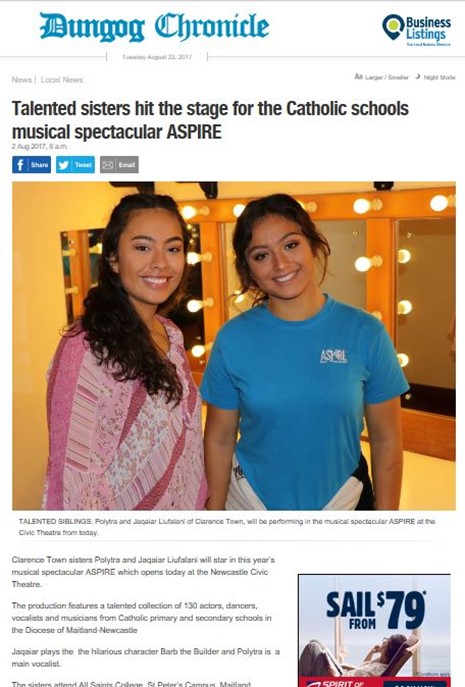 Dungog Chronicle - "Talented sisters hit the stage for the Catholic schools musical spectacular ASPIRE" Preview Image