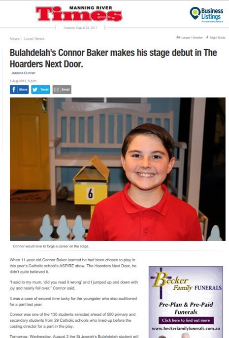 Manning River Times - "Bulahdelah's Connor Baker makes his stage debut in The Hoarders Next Door" Preview Image